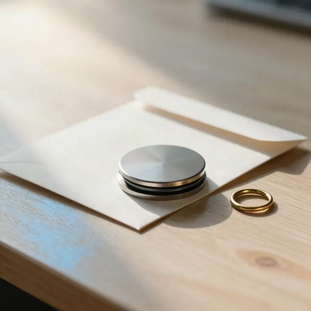 Payment-link kit with card puck, mailer sleeve, and brass ring clip on pale oak in soft daylight.