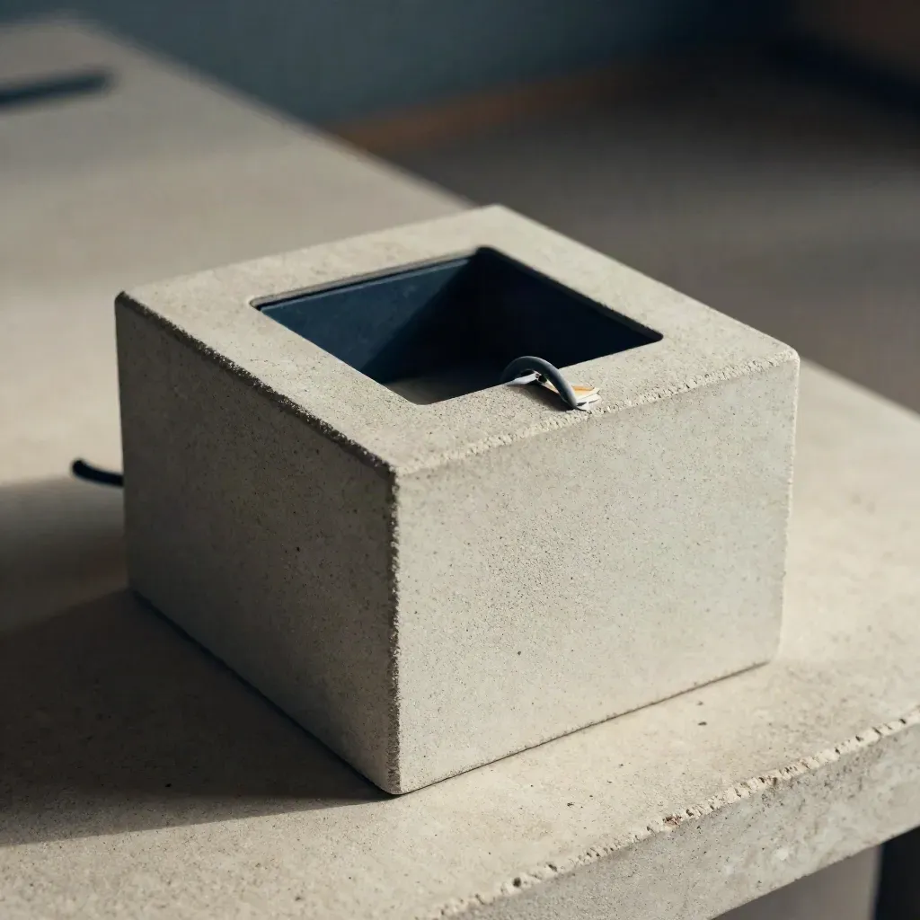 Macro of a brushed concrete checkout module with dark slot, cable loop, and folded corner