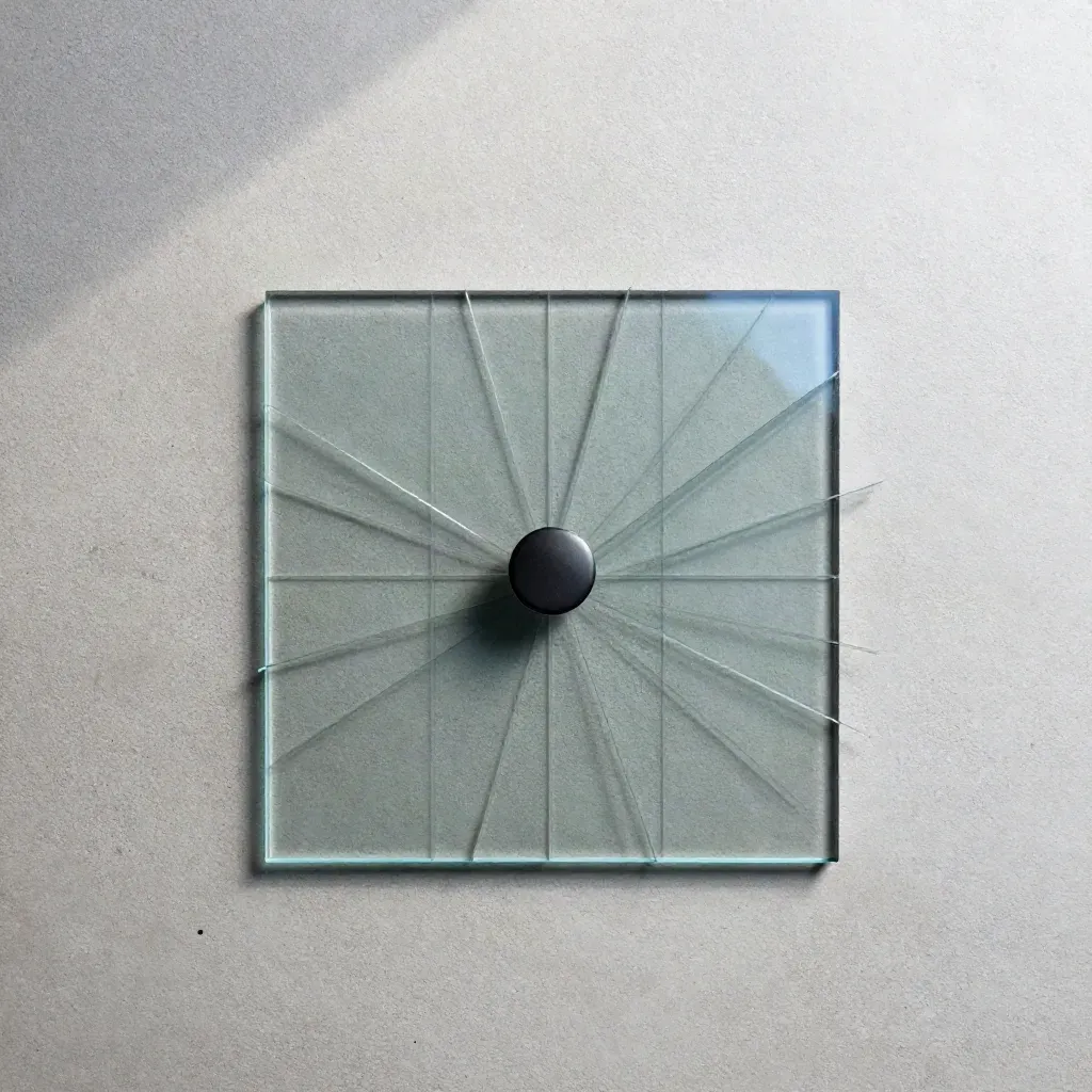 Top-down flatlay of translucent analytics tiles, dark glass slab, and a small data puck on concrete.