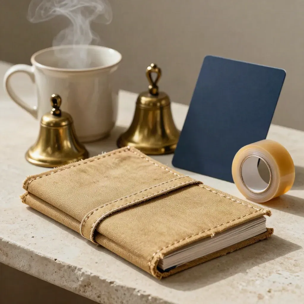 Macro cluster of a linen booklet, steaming ceramic mug, brass bell and repair tape on pale stone.