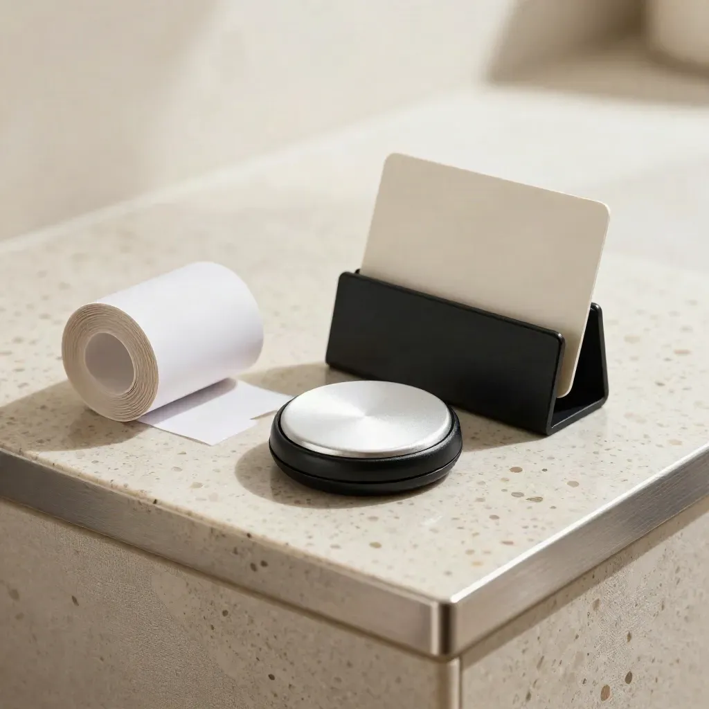 Luxury payment add-on kit on travertine with puck, receipt roll and card stand