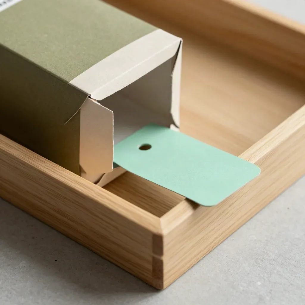 Pale oak click-and-collect tray with carton and mint pickup tag disk in macro close-up