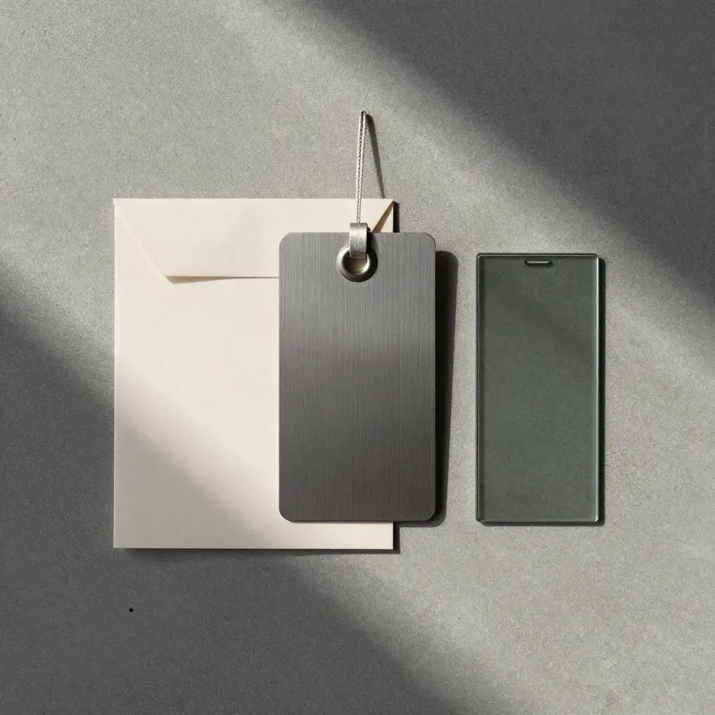 Overhead flatlay of a parcel tag, folded slip and dark glass tile on concrete.
