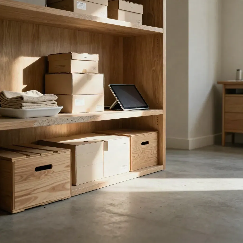 Sunlit ecommerce workshop shelf with boxes and parcel tools above a calm empty floor.