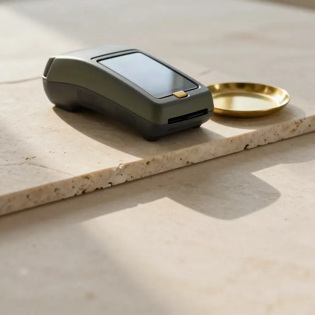 Warm limestone slab with a card reader, brass tray and glass reflections in side light.